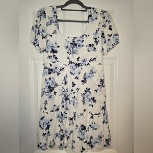 Maurices white dress with blue flowers mini baby doll dress. Size XS.